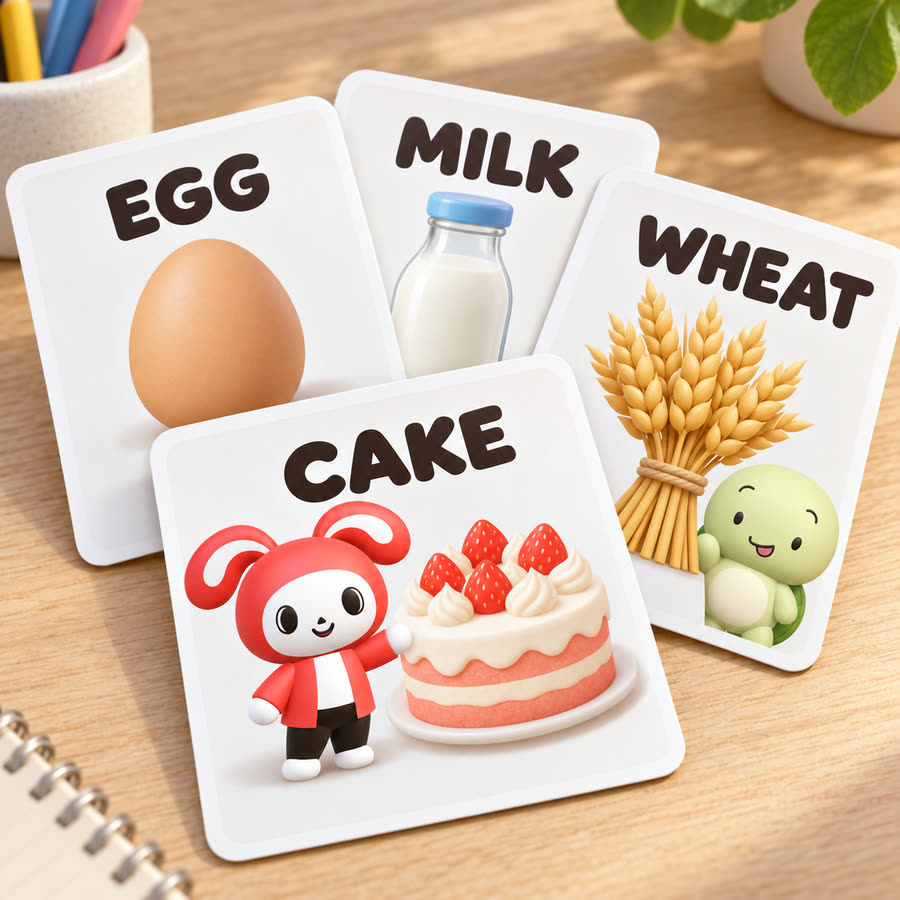 单词卡效果图：EGG、MILK、WHEAT、CAKE 四张卡片，印有 JJ 和 Mikey